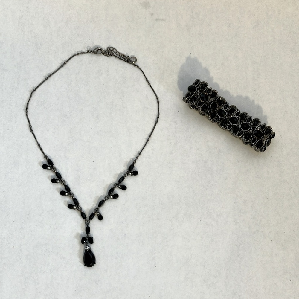Vintage LC Necklace Black Teardrops w/Clear Rhinestones & Matching Bracelet